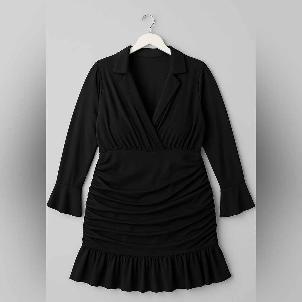 Fashion Nova Black Ruched Flared Sleeve Dress